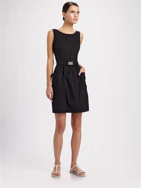 prada black dress with feathers|prada sleeveless belted black dress.